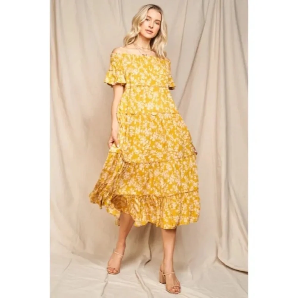 SOLD OUT Moss Yellow Floral Flowly Bohemian Tiered Off The Shoulder Casual Maxi - Picture 3 of 6